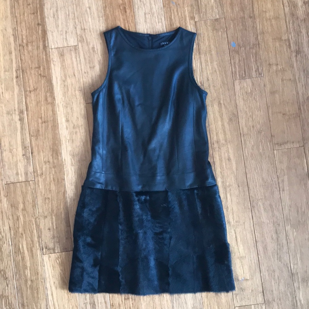 Theory Leather & Fur Black Mod Dress Size 2
